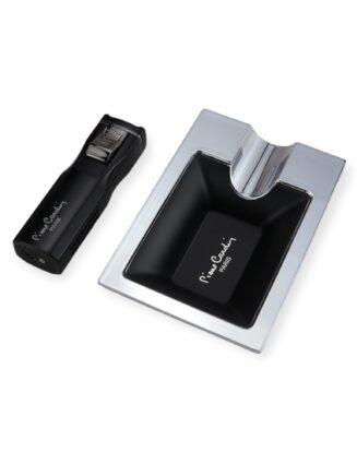 PCX-018 Pierre Cardin Cigar Set Premium ashtray and jet flame lighter in Black & silver