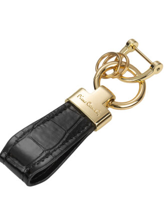 PCK001B Pierre Cardin Elegant key ring crafted with a glossy black lacquer strap and gold-tone metal finish