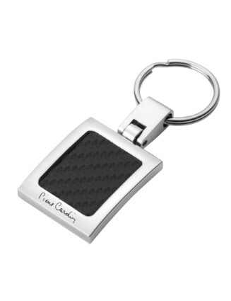 PCK002 Pierre Cardin key ring featuring a carbon-texture inlay and polished metal frame. Compact, elegant, and presented in a luxurious gift box.