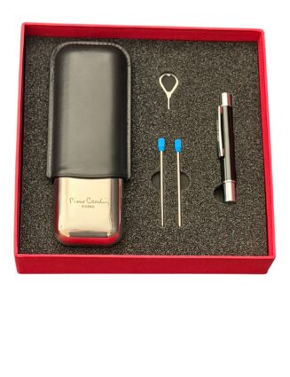 PCX-028BK Pierre Cardin elegant black cigar accessories set combining a durable cigar case with a precision puncher pen.