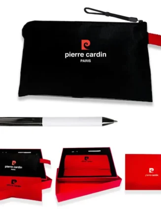 PCX3100W Refined Pierre Cardin ballpoint pen in polished metal finish, paired with a sleek branded pouch