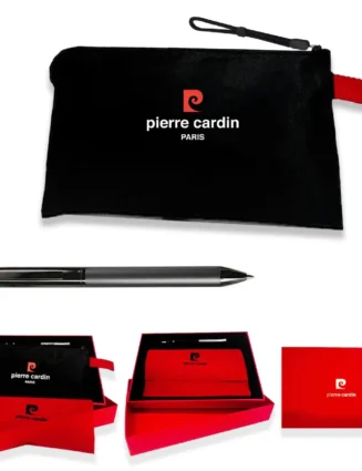 PCX3100G Refined Pierre Cardin ballpoint pen in polished metal finish, paired with a sleek branded pouch